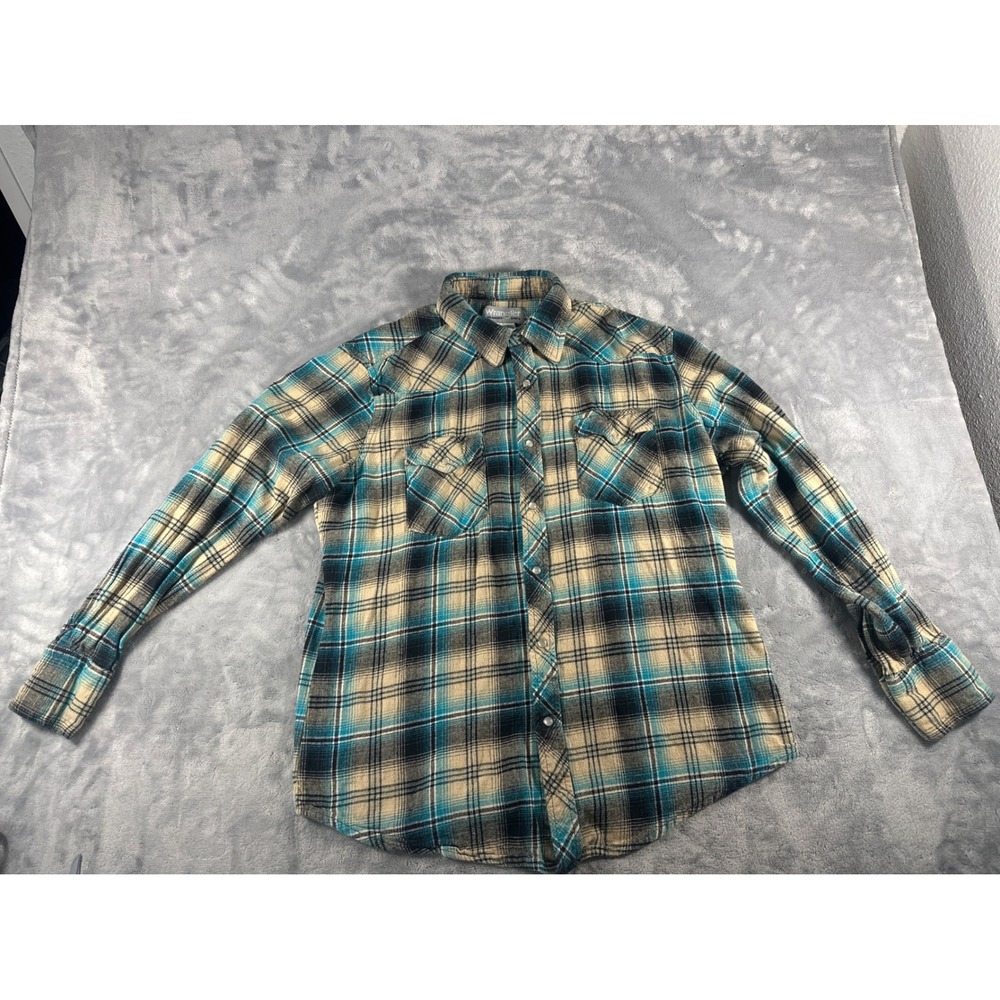Wrangler Rancher Mens Large Blue Plaid Flannel Western Pearl Snap Shirt MTSC036